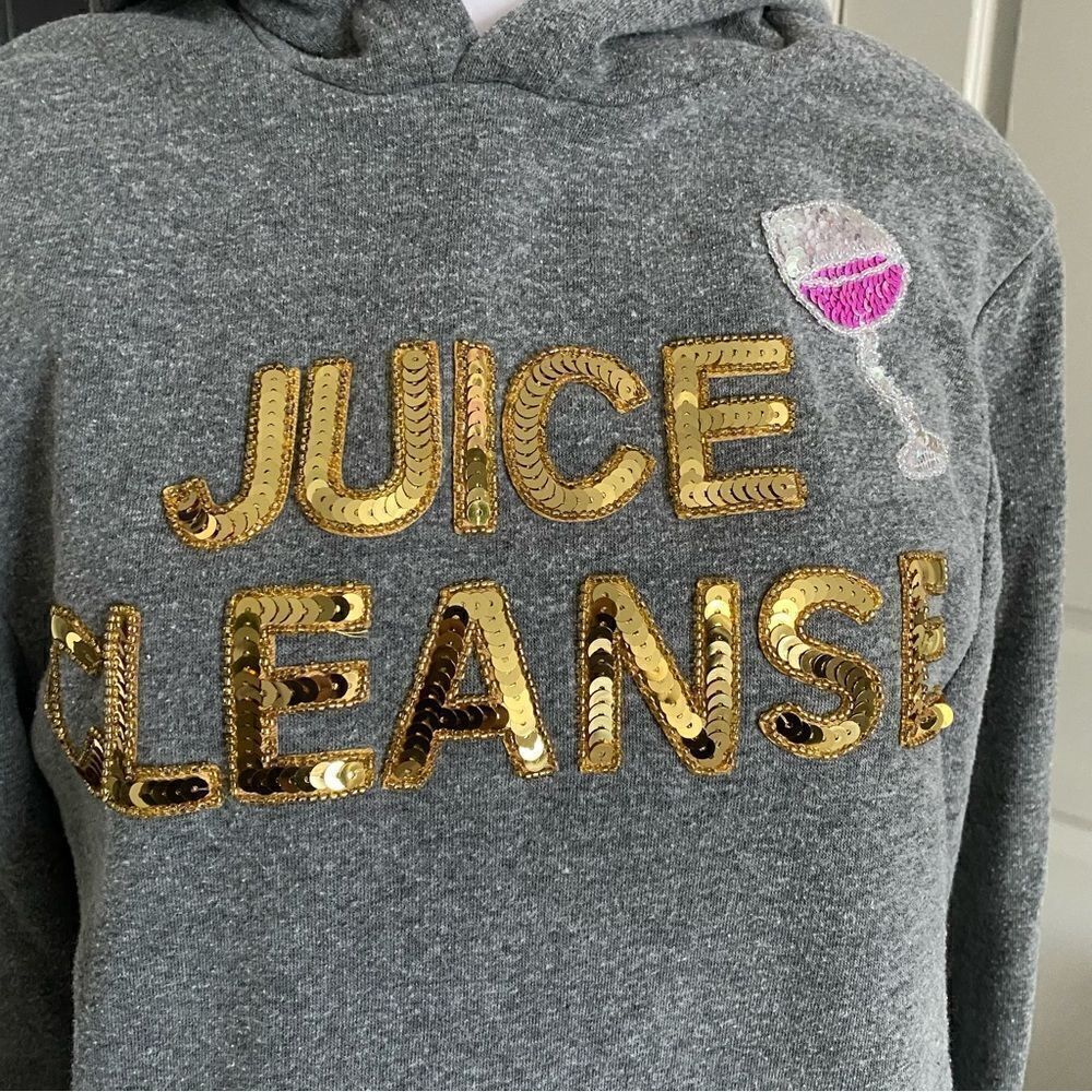 Bow & Drape Gray Long Line Hoodie with Gold Sequins Juice Cleanse Theme Size M - Picture 2 of 6